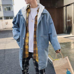 方少男装春季男士风衣连帽牛仔衣韩版宽松中长款夹克潮牌外套衣服风衣