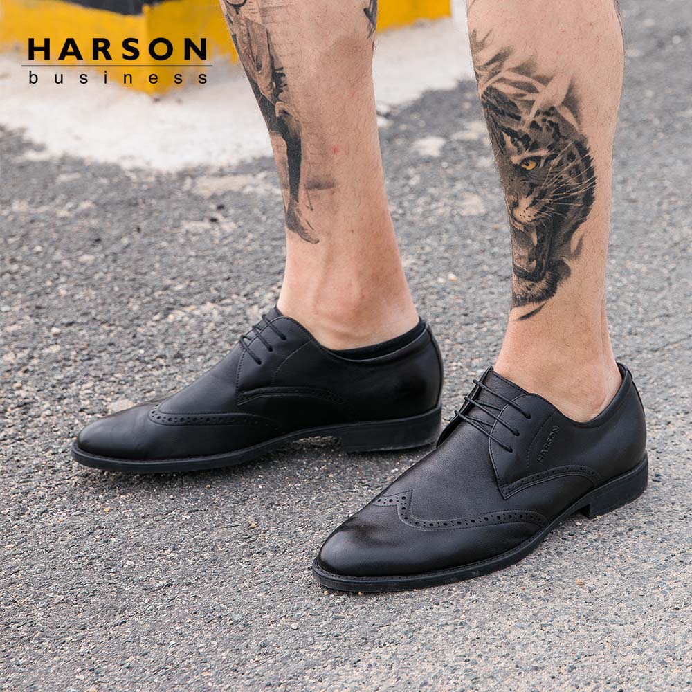 Harson/哈森2019春季 牛皮革男鞋低跟圆头正装婚宴德比鞋MS82527