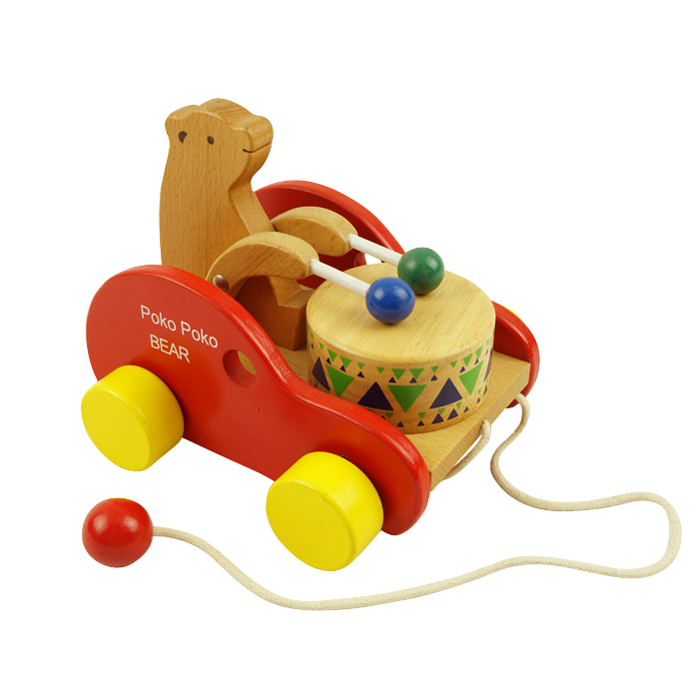 大美天承 小熊敲鼓拖拉玩具车子 榉木 宝宝学步拉线敲打玩具