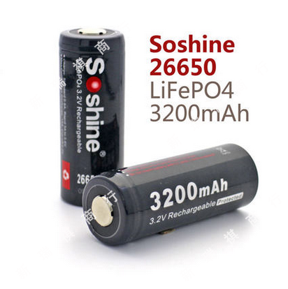 Soshine正品26650强光电筒铁锂电池带保护足量3200毫安3.2V