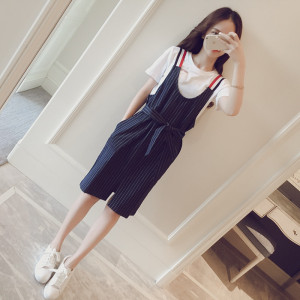 牛仔背带裙女夏季2017韩版新款显瘦收腰竖条纹两件套连衣裙吊带裙