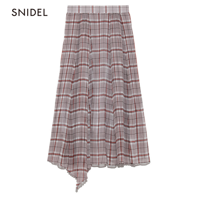 SNIDEL2019春夏新品 英伦格纹不规则百褶雪纺半身裙SWFS191125