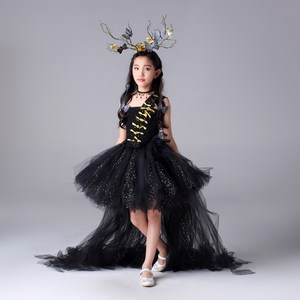 女童黑色晚 span class=h>礼服/span>拖尾 儿童t台模特走秀 span