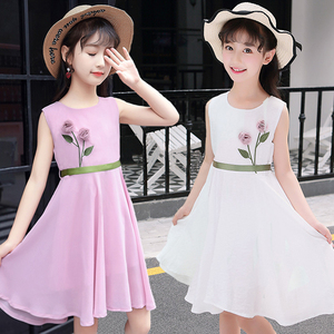 女童雪纺连衣裙2018新款洋气夏装  大童白色公主裙子女孩衣服  岁