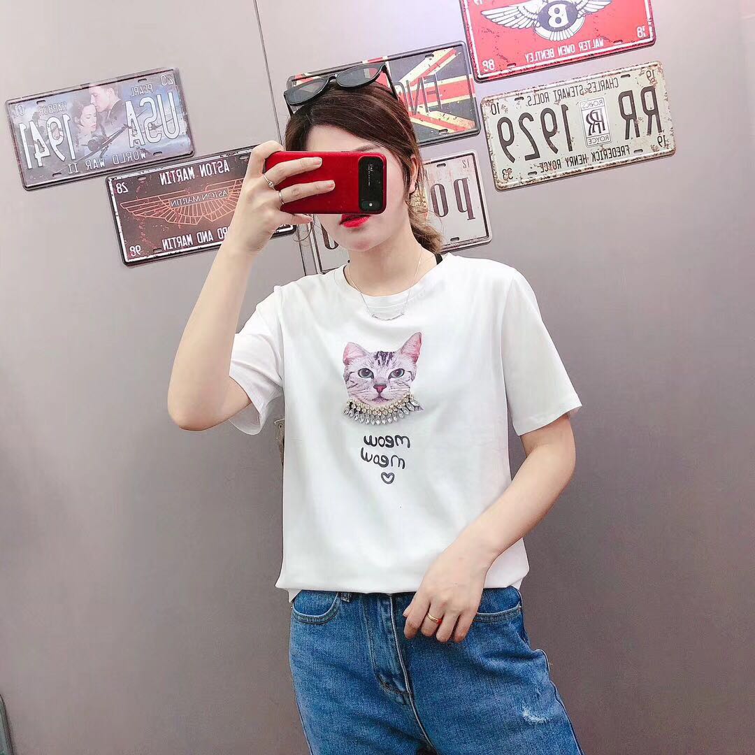 圆领短袖T恤女2019夏季新款小猫字母印花钉钻宽松显瘦小衫上衣潮