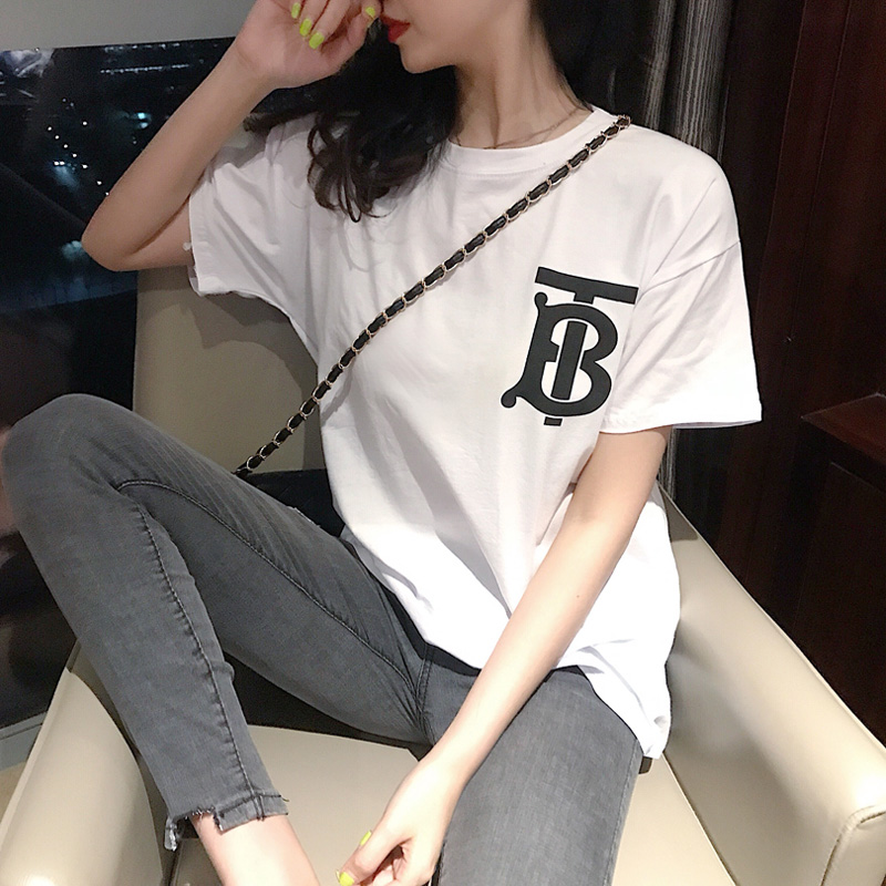 白色T恤女韩版2019TB字母短袖宽松网红明星同款tb印花情侣装上衣