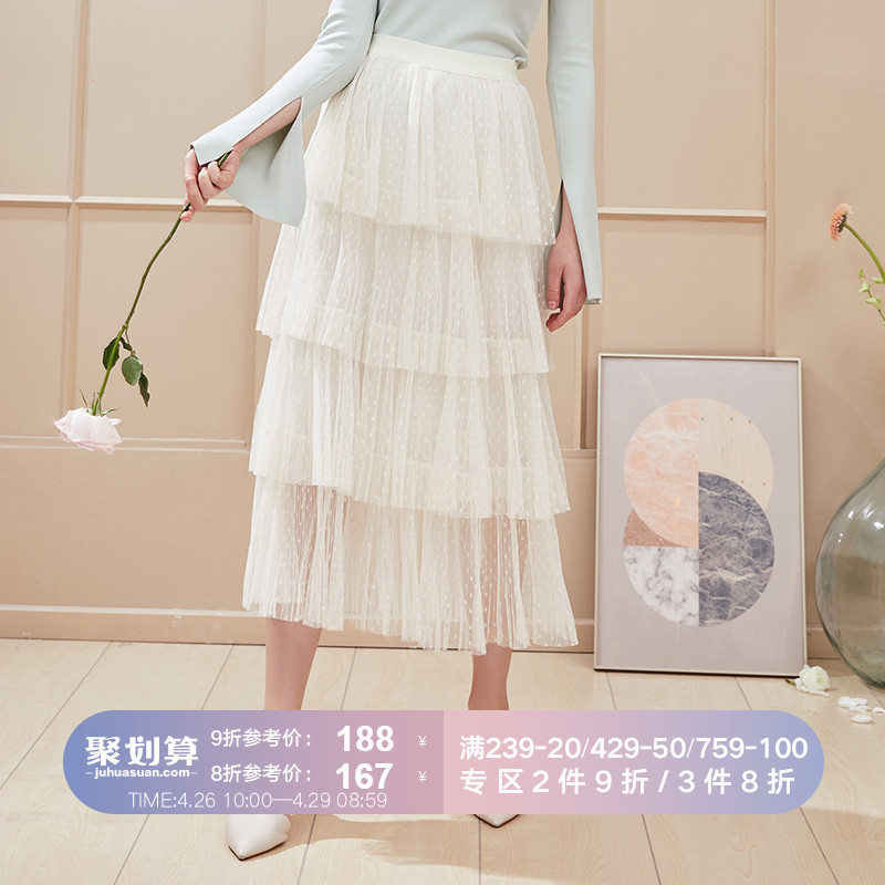 MOFAN2019新款女装春装蛋糕裙半身裙中长款不规则高腰波点网纱裙