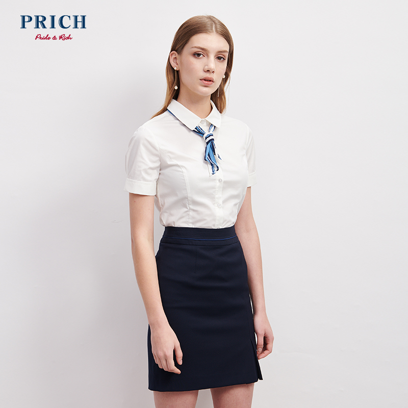 PRICH夏季新款女士职场OL衬衣通勤白色短袖衬衫 PRYW86601E