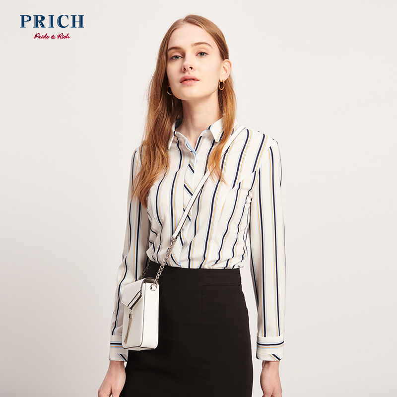 PRICH女装2019春季装新款韩国条纹衬衫长袖方领衬衣PRBA95305M