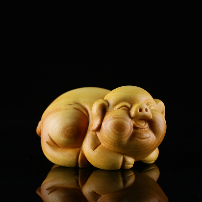 黄杨木雕动物小猪摆件手把件雕刻工艺礼品家居饰品木刻茶宠福气猪