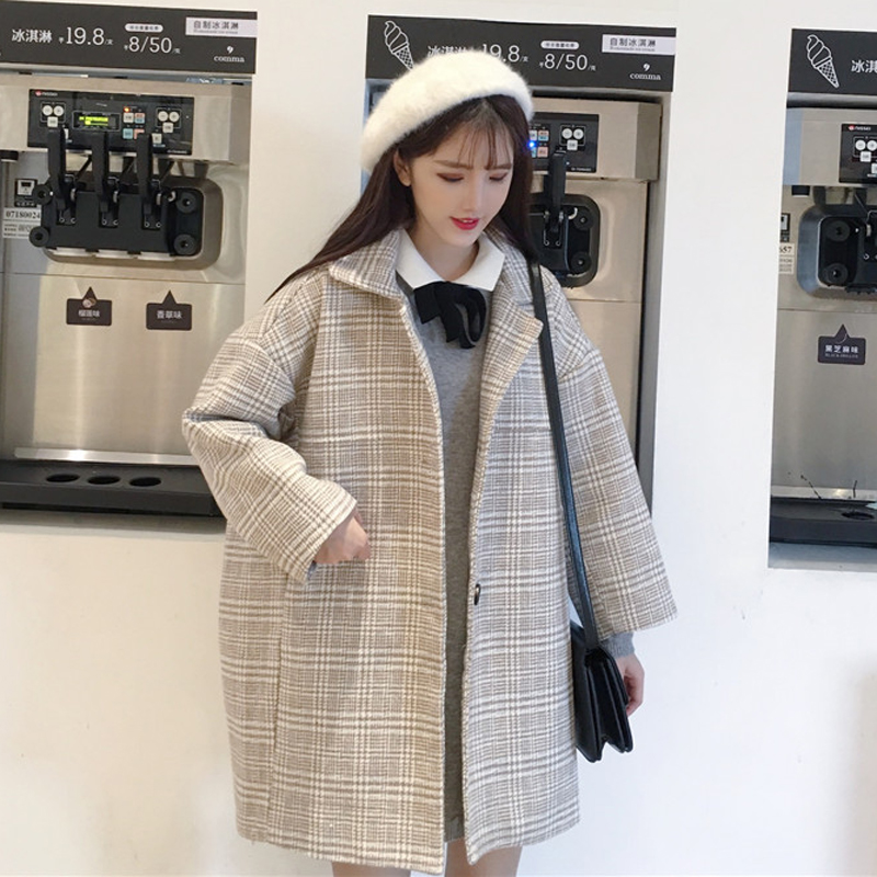 春季女装2019新款韩版小清新长袖针织连衣裙+格子毛呢外套套装女
