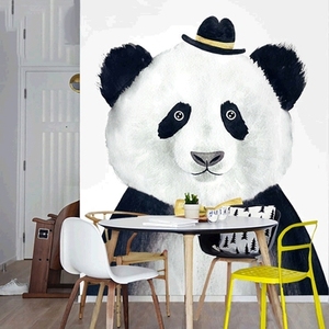 个性创意手绘动物头像壁纸北欧艺术玄关餐厅壁画熊猫    竖版墙纸