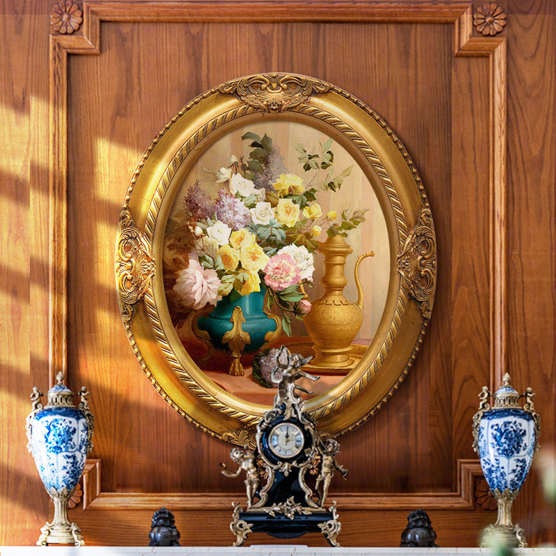 欧式古典花卉风景人物油画椭圆形框画餐厅卧室玄关装饰画有框挂画