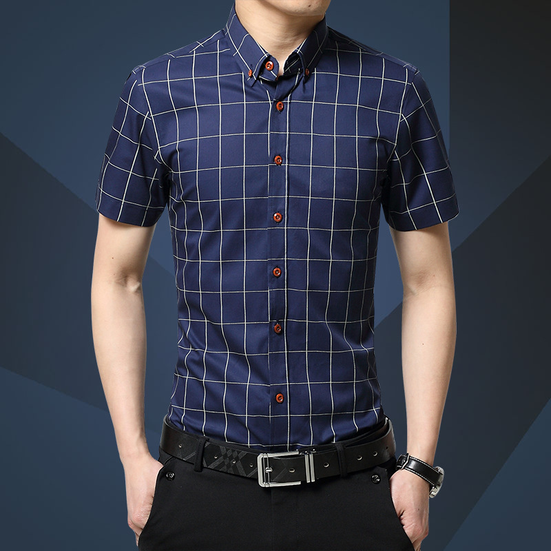 帝创者男式短袖衬衫 新款男装夏季男式短袖韩版男士休闲格子D55