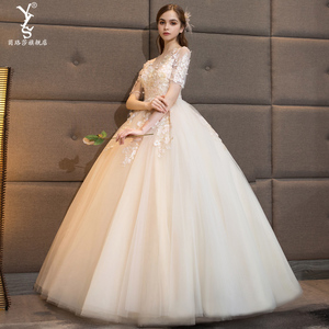齐地婚纱2018夏季新款香槟色森系显瘦新娘结婚礼服女孕妇高腰大码婚纱