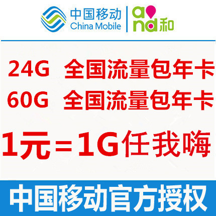 中国移动4G全国24G/60G流量包年上网卡任我嗨畅聊手机号码卡