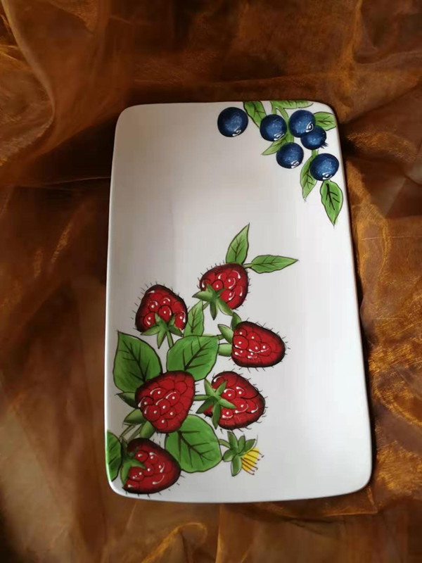 31cm大号长方盘红树莓蓝莓系列陶瓷盘手绘釉下彩餐具托盘 欧美