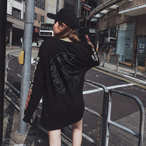 黑色长袖t恤女hiphop怪味少女复古港味风chic早秋慵懒上衣潮ins