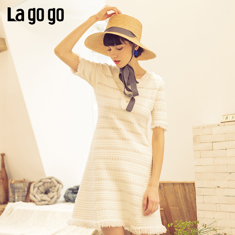 Lagogo2019年春季新款白色唯美连衣裙法式仙女长款裙女IALL672A36