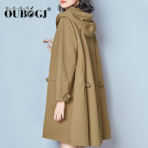 OUBOGJ欧帛国际宽松连帽风衣女中长款春秋纯棉大码外套胖MM显瘦潮风衣