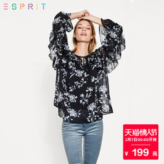 ESPRIT 女装2017冬新品印花轻薄款荷叶边长袖衬衫-087EO1F034