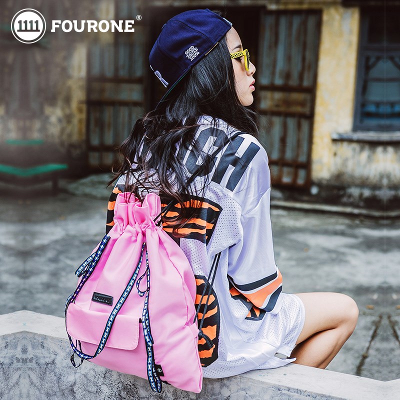 Fourone尼龙双肩包女韩版束口袋2018新款潮纯色时尚ins超火包背包