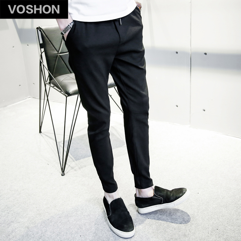 Voshon2017春夏新款韩版运动系绳九分裤修身小脚裤男休闲裤潮