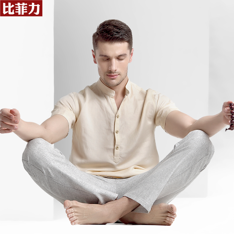 比菲力夏季男士亚麻短袖棉麻T恤大码宽松中国风男装立领透气薄款