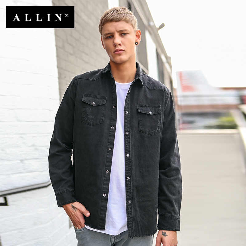 Allin2018春秋季韩版宽松青年男士学生潮流牛仔衬衫 男长袖黑衬衣