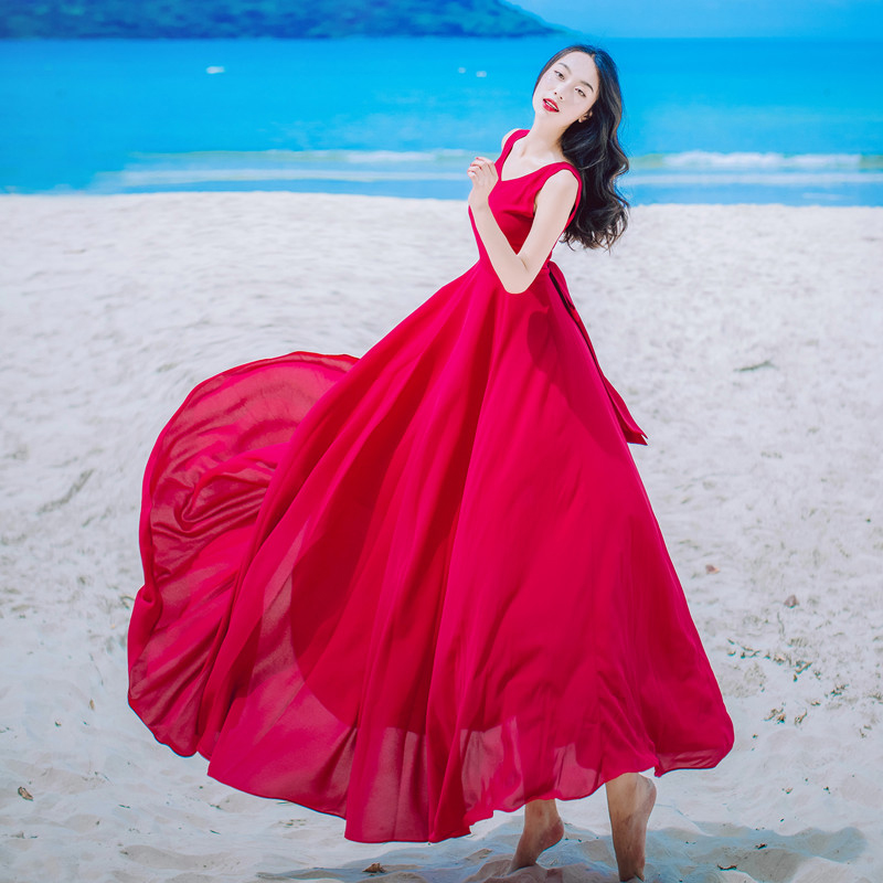 忆旅行波西米亚红色吊带收腰显瘦飘逸大摆雪纺长裙度假海边沙滩裙