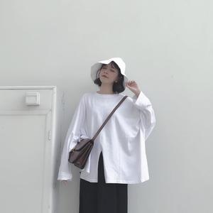 原宿风ulzzang复古秋装女装宽松大码bf百搭开叉T恤长袖上衣学生潮杨桃