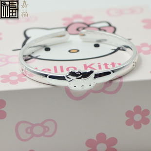 kt猫银手镯999纯银女hello kitty凯蒂猫镯子光面开口银饰品送女友