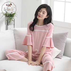 可人儿夏季宽松韩版纯棉睡衣女士夏天薄款全棉睡衣家居服时尚套装女士睡衣