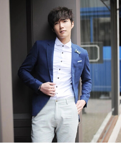 MOJAY韩版男装2014秋装新款 潮流亚麻男士一粒扣小西装西服男外套