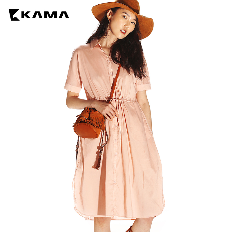 卡玛KAMA 夏装 欧美立领高腰短袖气质修身系带衬衣连衣裙 7217154