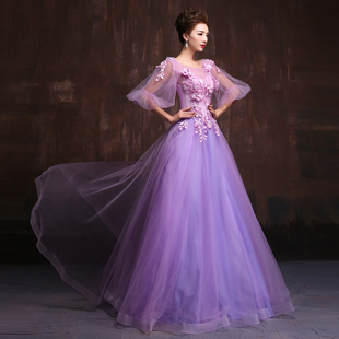 2015春夏韩版新款新娘婚纱礼服紫色长款影楼主题宴会晚礼服演出服