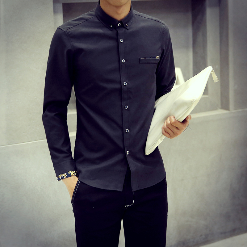Kuziman男装秋季新款韩版修身男士长袖纯色衬衫扣领尖领休闲衬衣