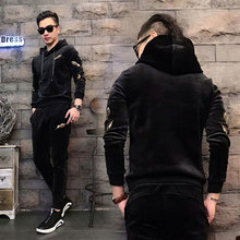 男士运3k卫衣套装2sp韩款社会刺绣连帽秋冬装金丝绒两件套休闲服