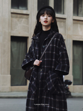 2025a新式学院风ah套女秋季宽松气质韩款中长式格纹呢子大衣女