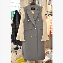 春秋新5r女装中长款rl排扣马甲韩款大码西装领无袖显瘦外套女