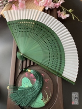 中国风5t古风日式真jt扇女式竹柄雕刻折扇子绿色纯色(小)竹汉服