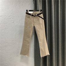 韩款微5t叭牛仔裤女jt020秋装新式修身显瘦卡其色毛边阔腿裤子