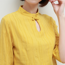 棉麻衬an秋季新式民ie扣立领五分袖T恤亚麻茶服上衣打底衫女