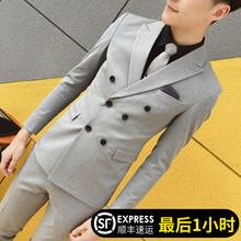 韩款修an双排扣西服ie休闲职业正装帅气新郎礼服伴郎(小)西装潮