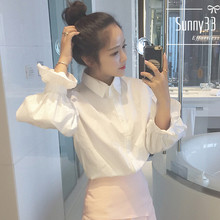 春装女aq韩款学院风po泡袖白色衬衫学生宽松百搭长袖衬衣上衣