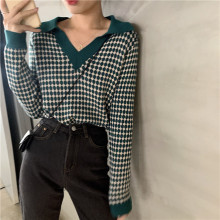 上衣女ax款新式泫雅lc撞色针织衫2020春装复古格子长袖毛衣潮