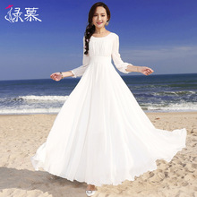 绿慕2ay20春夏新66雪纺连衣裙女装长袖气质修身显瘦大摆长裙女
