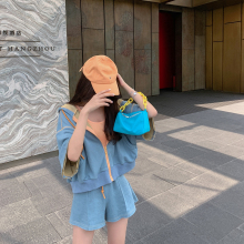 (小)鹿要ay夏季连帽拼66短式卫衣外套两件套女松紧阔腿短裤套装