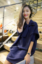ms ayeego原66韩国立领蝴蝶结宽松显瘦蝙蝠袖长袖连衣裙深蓝女