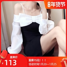 一字肩ay带连衣裙长yu2020年新式女韩款心机露肩性感蝴蝶结裙